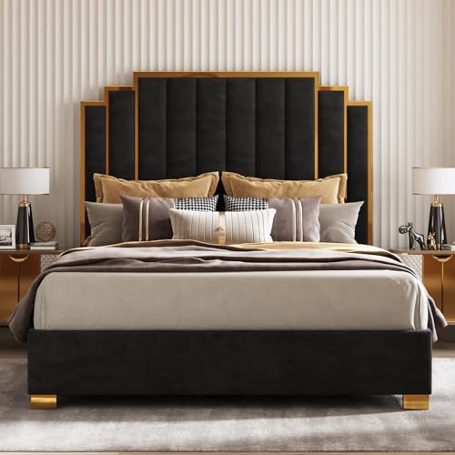 Velvet Bed with Gold Trim Headboard